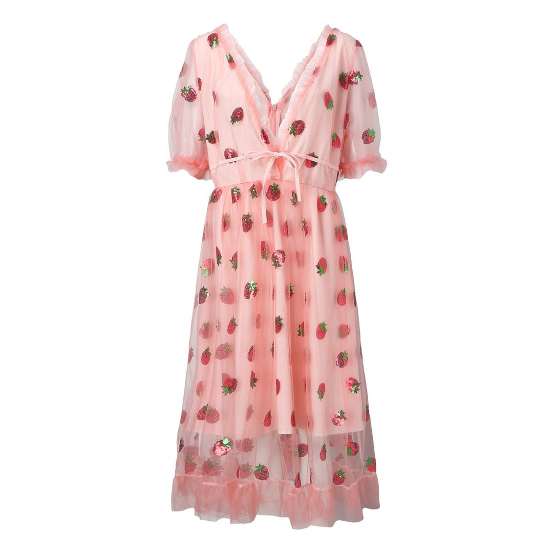 Women's Sequin Strawberry Tulle V-Neck Fall Midi Dress