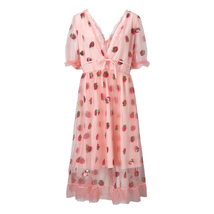 Women's Sequin Strawberry Tulle V-Neck Fall Midi Dress