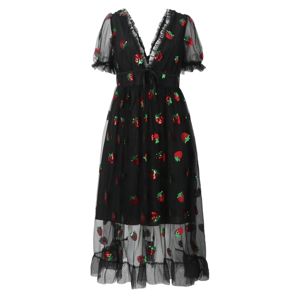 Women's Sequin Strawberry Tulle V-Neck Fall Midi Dress