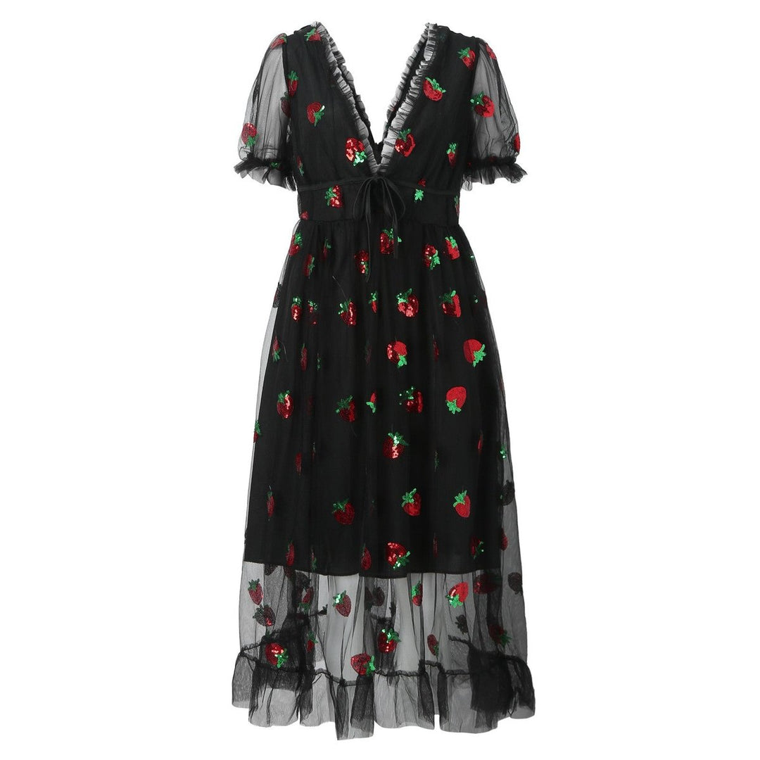 Women's Sequin Strawberry Tulle V-Neck Fall Midi Dress