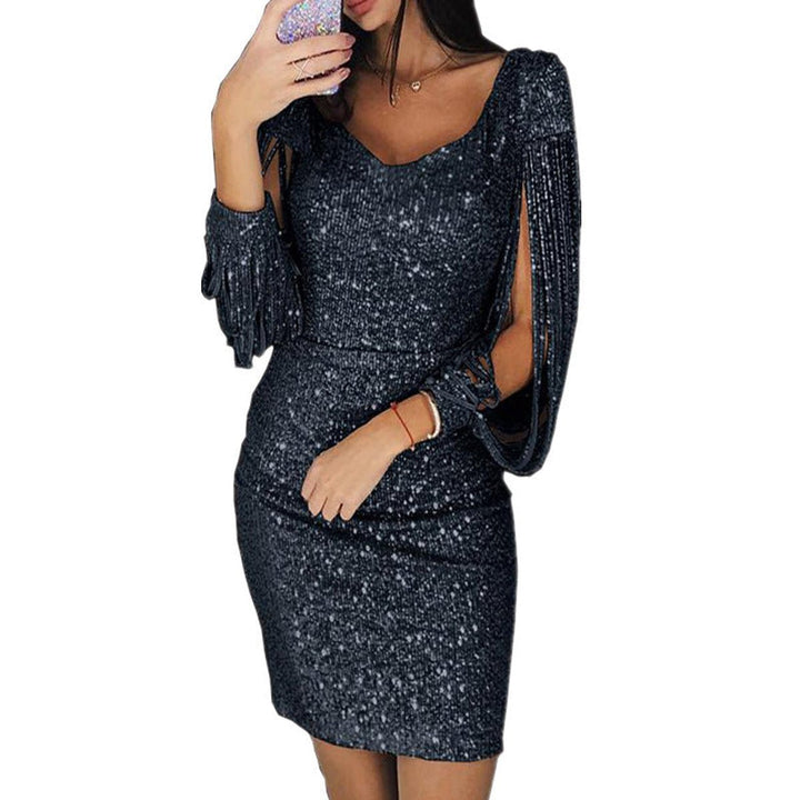 Women's Sequin Tassel-Sleeve V-Neck Bodycon Long Sleeve Fall Dress
