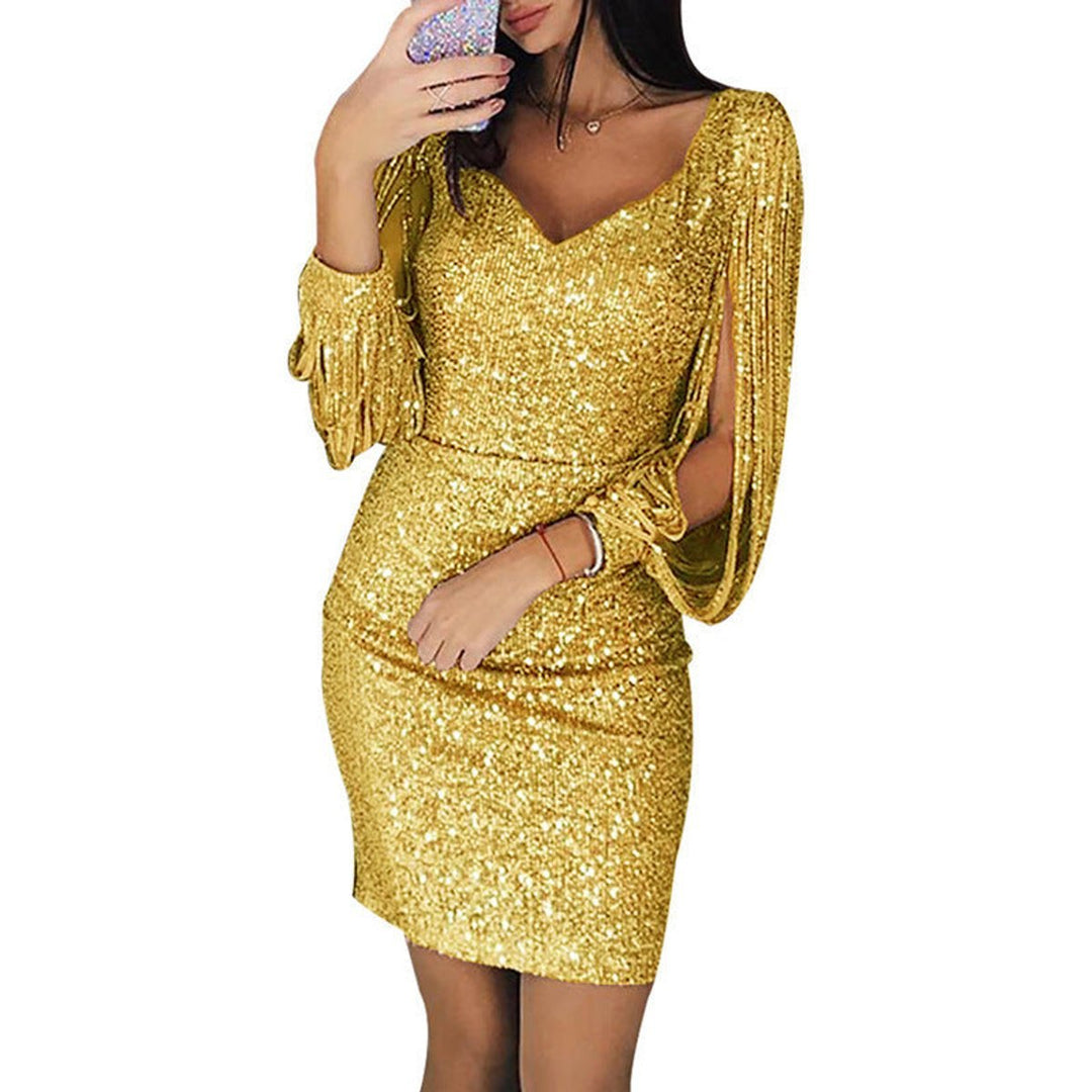 Women's Sequin Tassel-Sleeve V-Neck Bodycon Long Sleeve Fall Dress