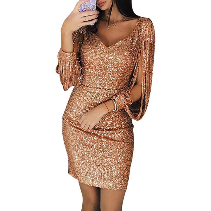 Women's Sequin Tassel-Sleeve V-Neck Bodycon Long Sleeve Fall Dress