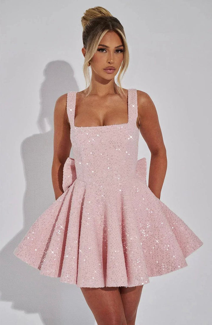 Women's Sequin Tweed Square-Neck Fit-and-Flare Formal Dress