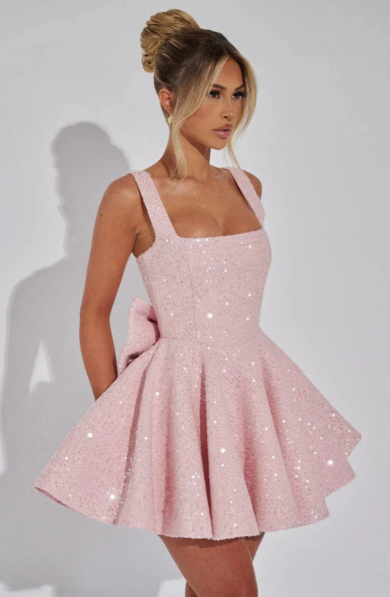 Women's Sequin Tweed Square-Neck Fit-and-Flare Formal Dress
