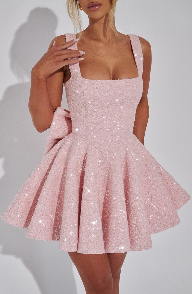 Women's Sequin Tweed Square-Neck Fit-and-Flare Formal Dress