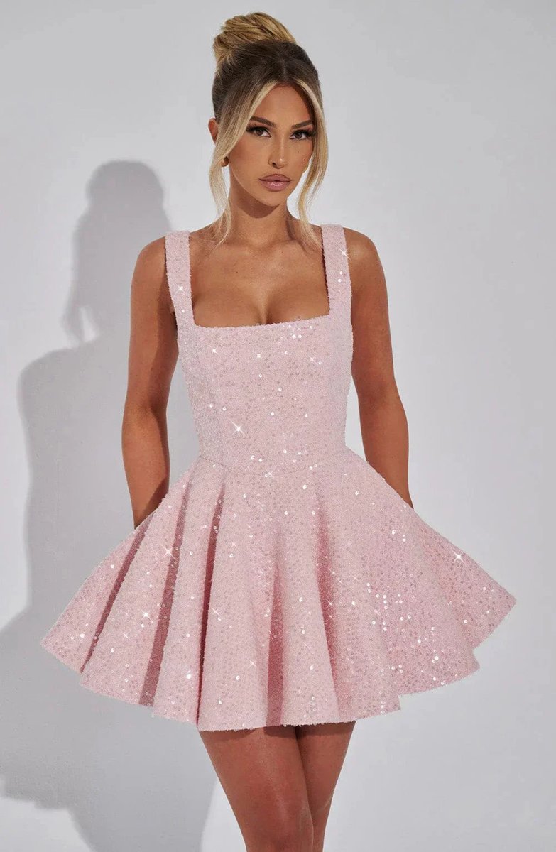 Women's Sequin Tweed Square-Neck Fit-and-Flare Formal Dress