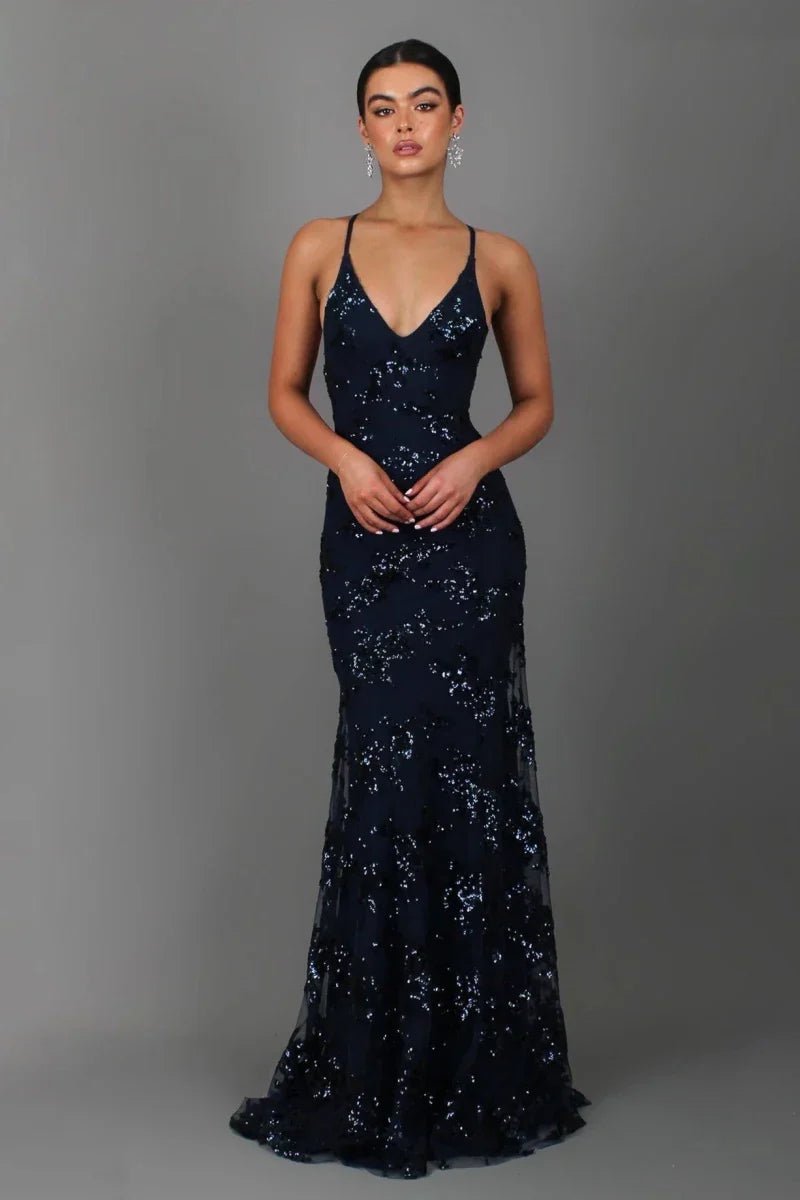 Women's Sequin V-Neck Backless Mermaid Formal Dress Floor Length