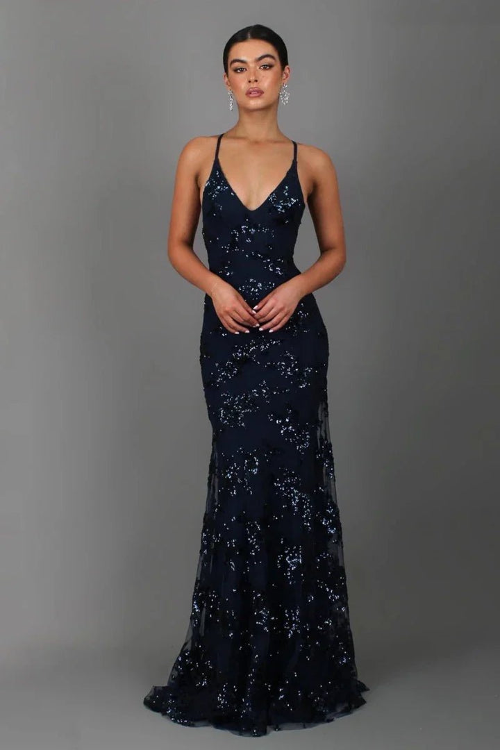 Women's Sequin V-Neck Backless Mermaid Formal Dress Floor Length