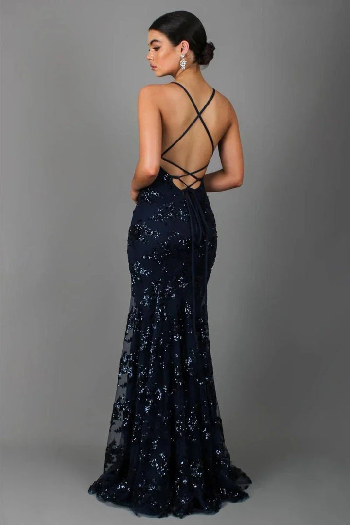 Women's Sequin V-Neck Backless Mermaid Formal Dress Floor Length