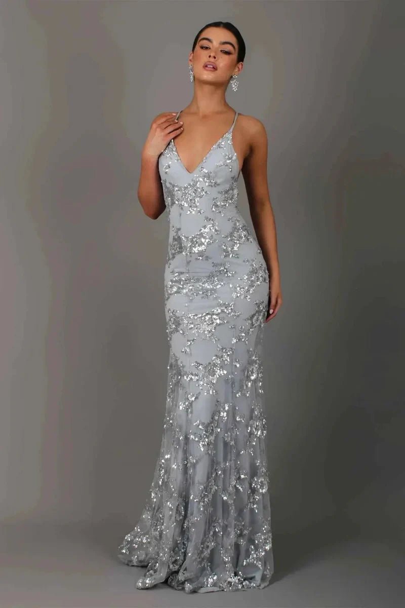 Women's Sequin V-Neck Backless Mermaid Formal Dress Floor Length