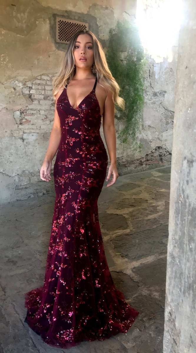 Women's Sequin V-Neck Backless Mermaid Formal Dress Floor Length