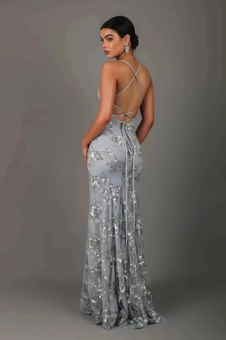 Women's Sequin V-Neck Backless Mermaid Formal Dress Floor Length