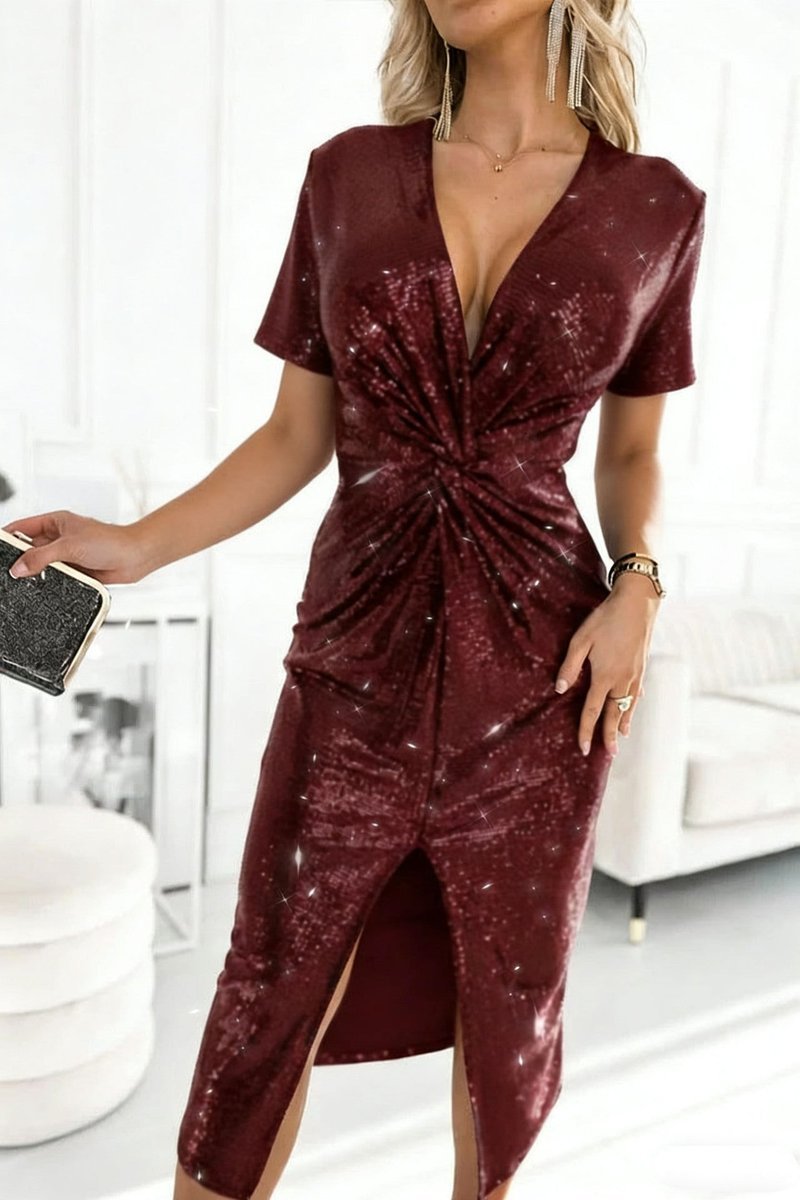 Women's Sequin V-Neck Twisted-Front Long Sleeve Fall Dress Midi Slit - Bordeaux