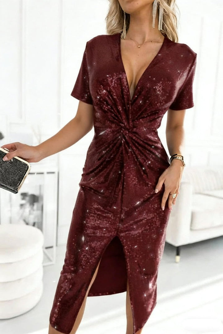 Women's Sequin V-Neck Twisted-Front Long Sleeve Fall Dress Midi Slit - Bordeaux