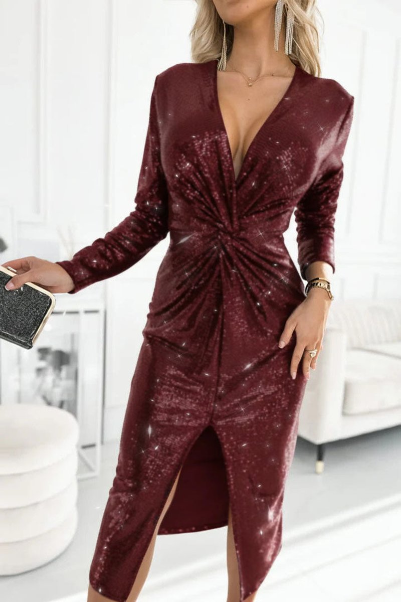 Women's Sequin V-Neck Twisted-Front Long Sleeve Fall Dress Midi Slit - Red