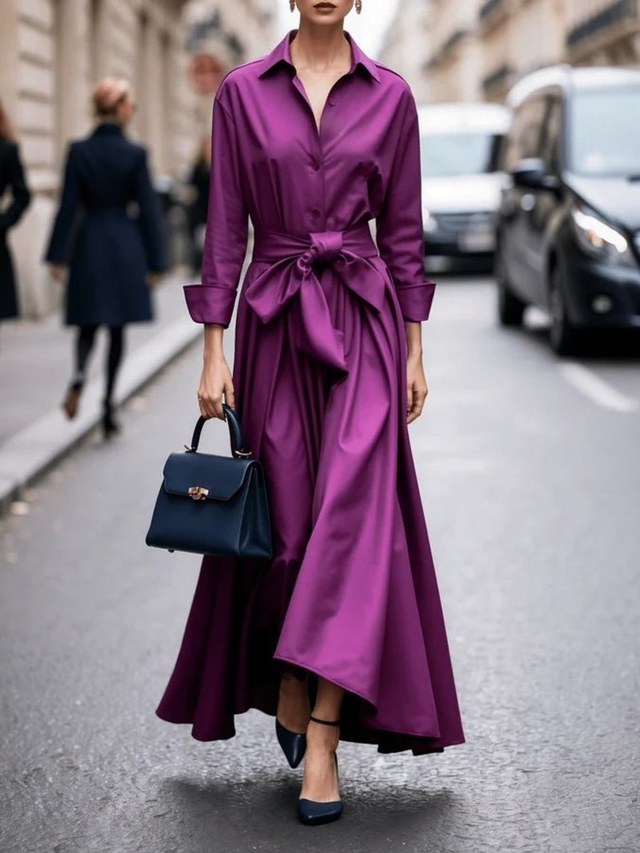 Women's Shirt-Style Tie-Waist Long Sleeve Fall Dress Maxi - Purple
