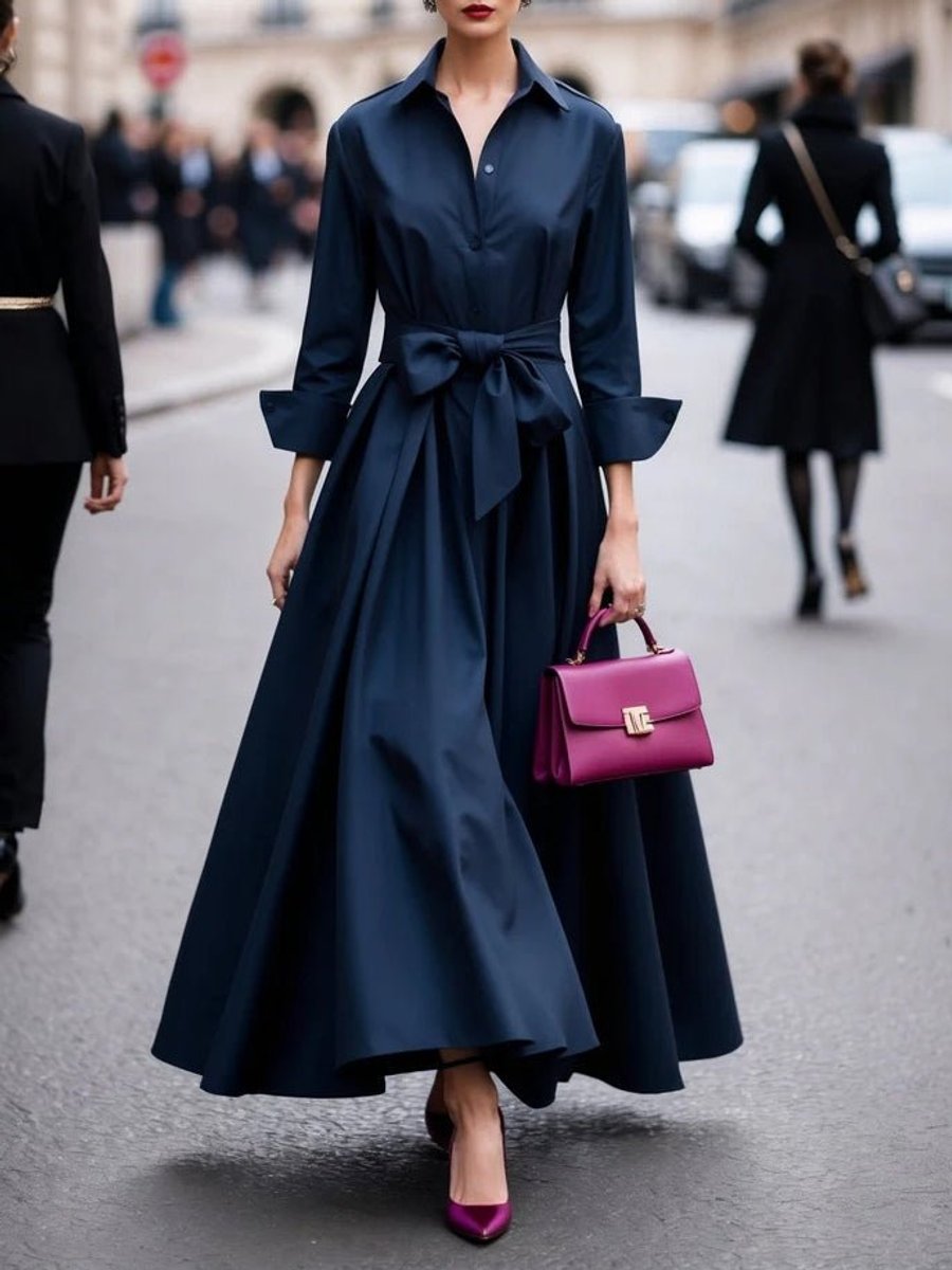 Women's Shirt-Style Tie-Waist Long Sleeve Fall Dress Maxi - Navy