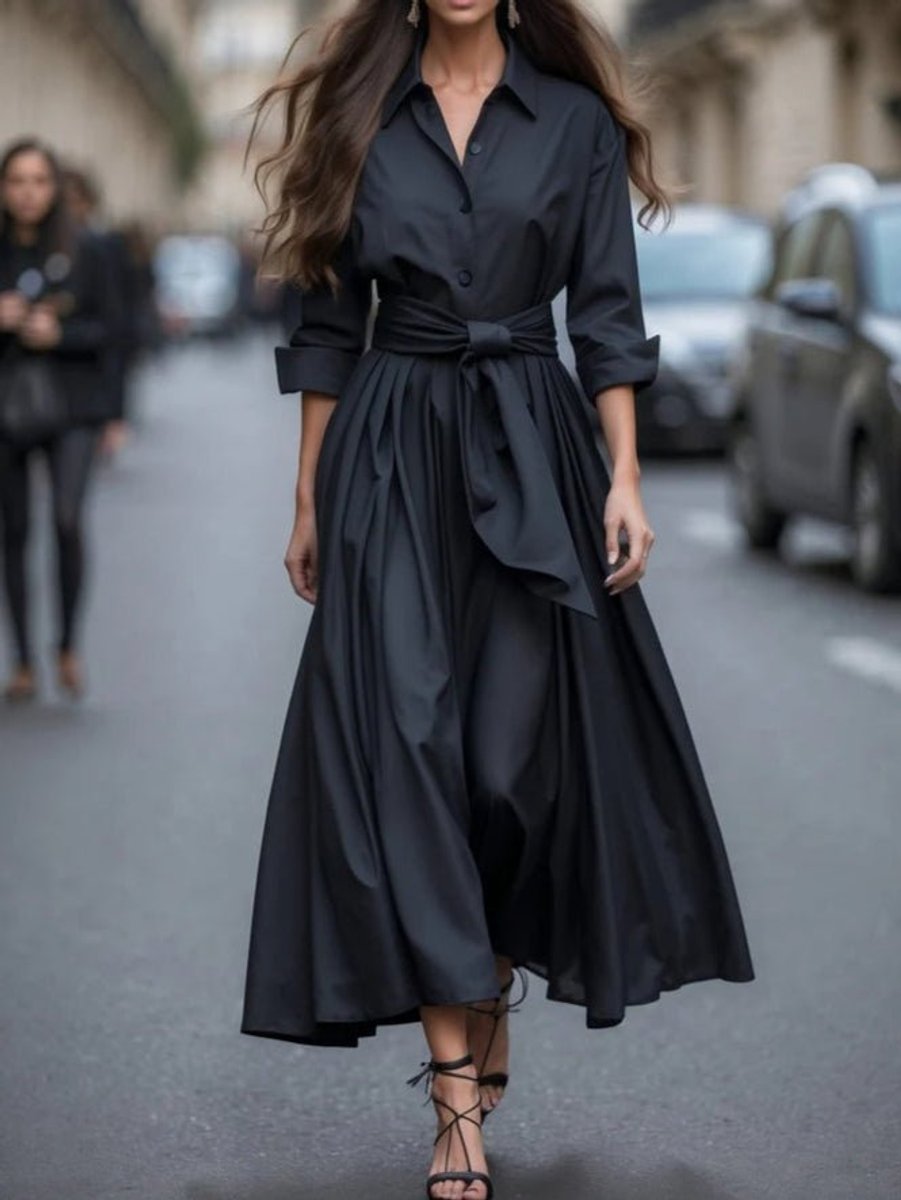 Women's Shirt-Style Tie-Waist Long Sleeve Fall Dress Maxi - Black
