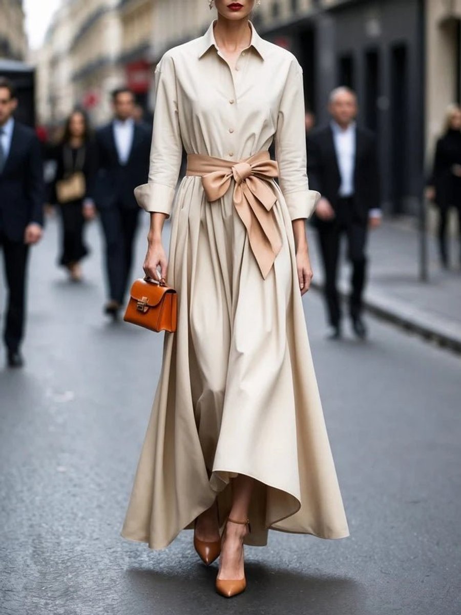 Women's Shirt-Style Tie-Waist Long Sleeve Fall Dress Maxi - Beige