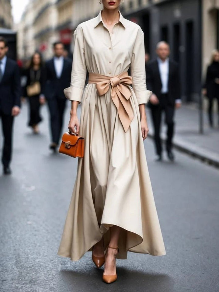 Women's Shirt-Style Tie-Waist Long Sleeve Fall Dress Maxi - Beige
