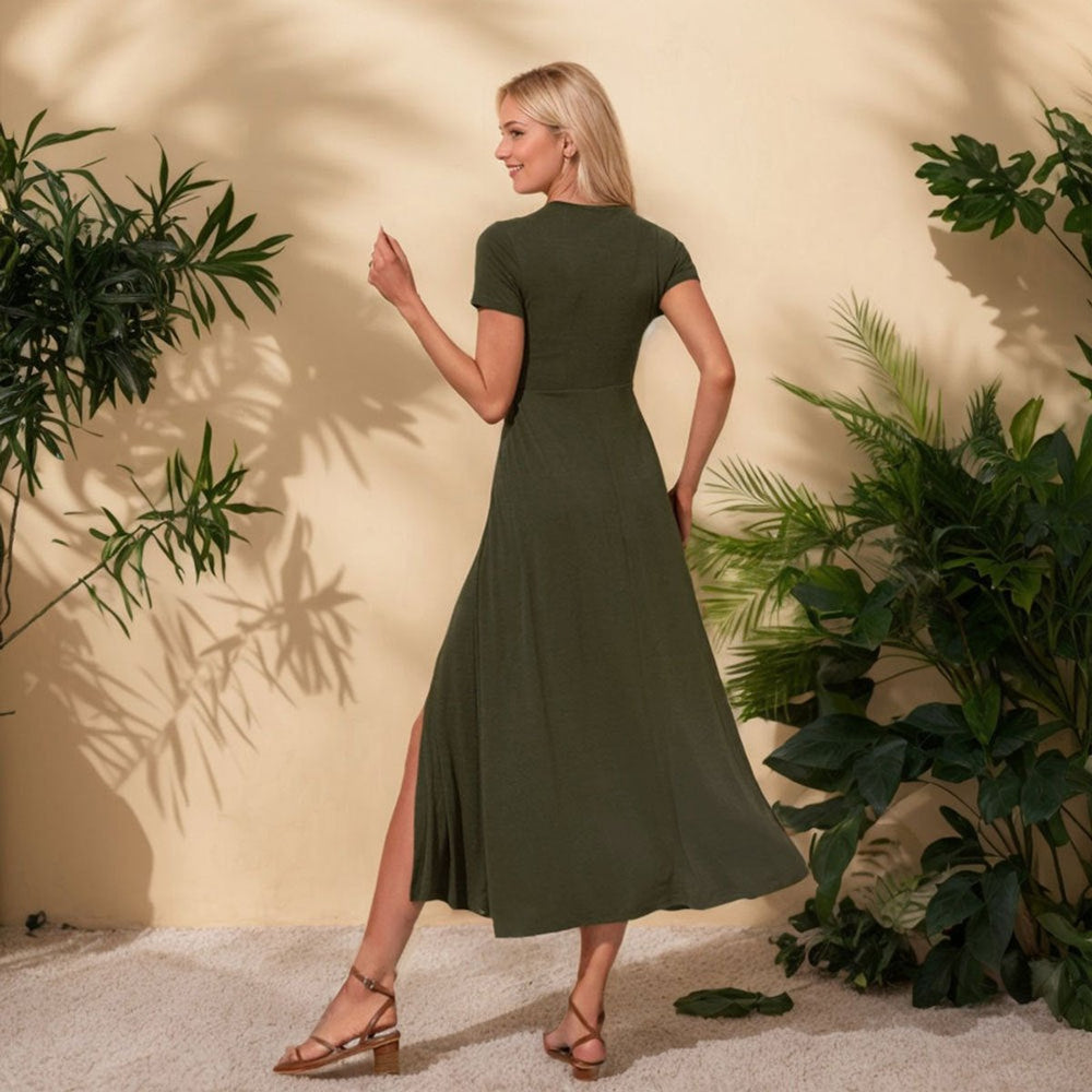 Women's Short-Sleeve A-Line Side-Slit Fall Midi Dress