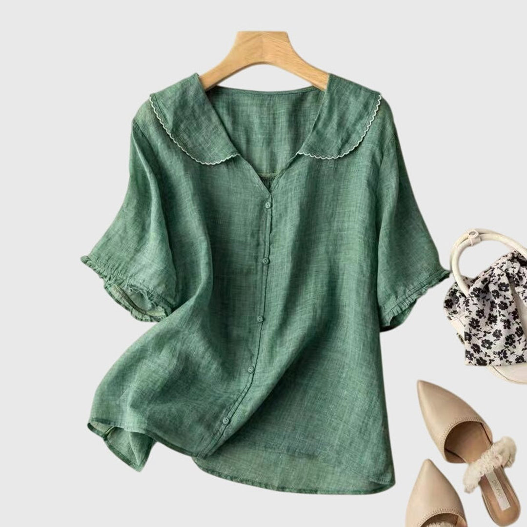 Women's Short-Sleeve Button-Front Peter Pan Collar Linen Blouse