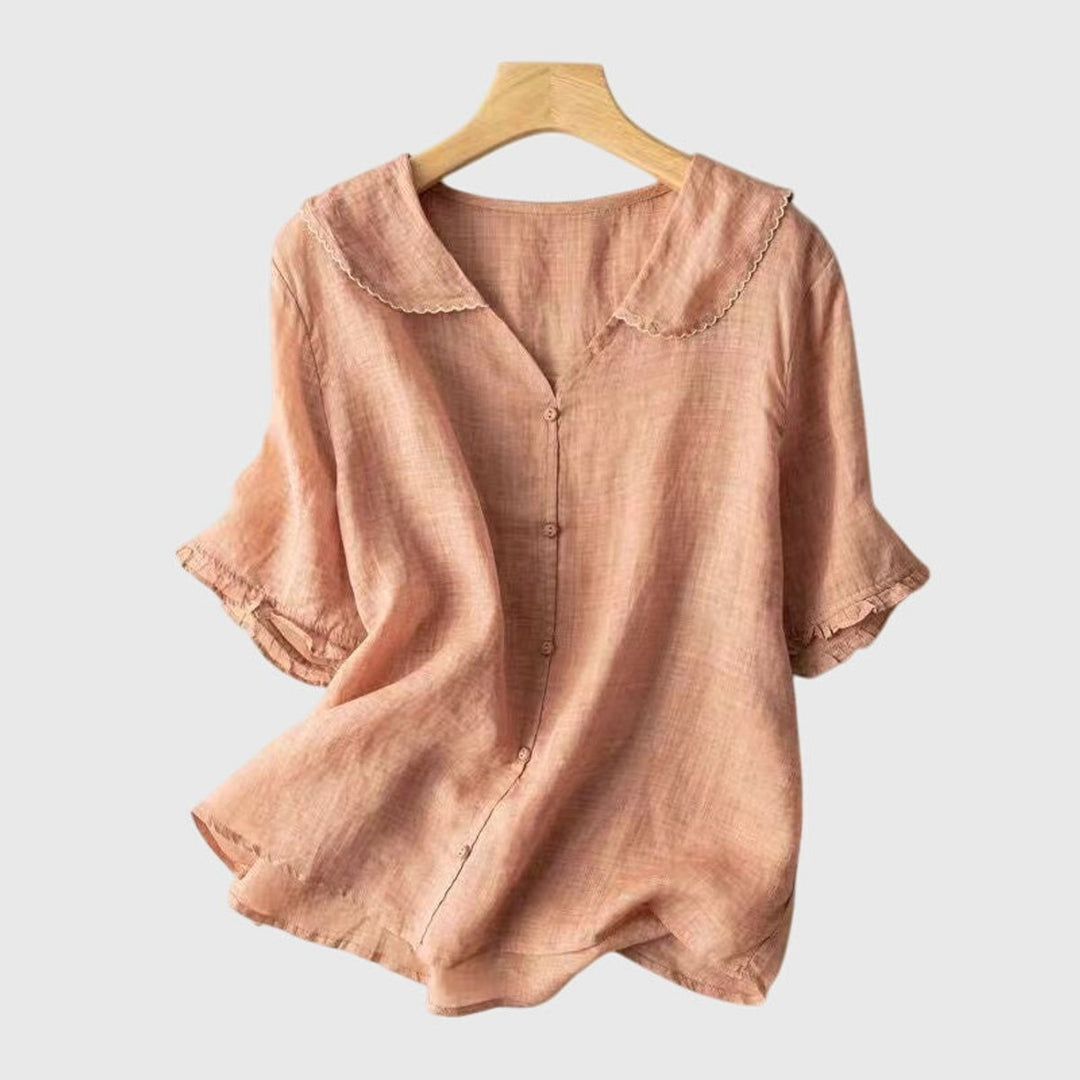 Women's Short-Sleeve Button-Front Peter Pan Collar Linen Blouse