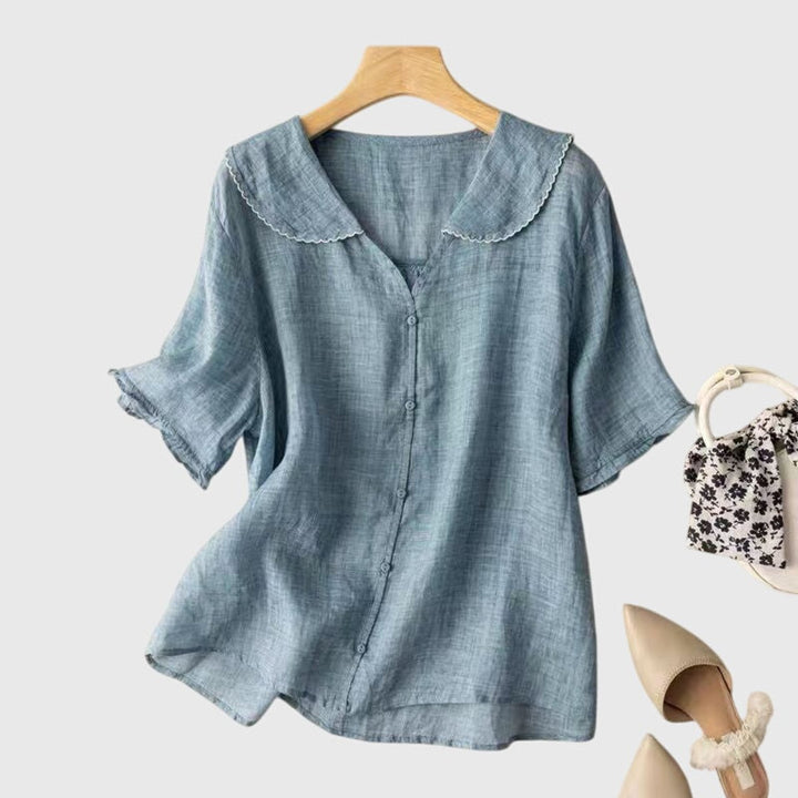 Women's Short-Sleeve Button-Front Peter Pan Collar Linen Blouse