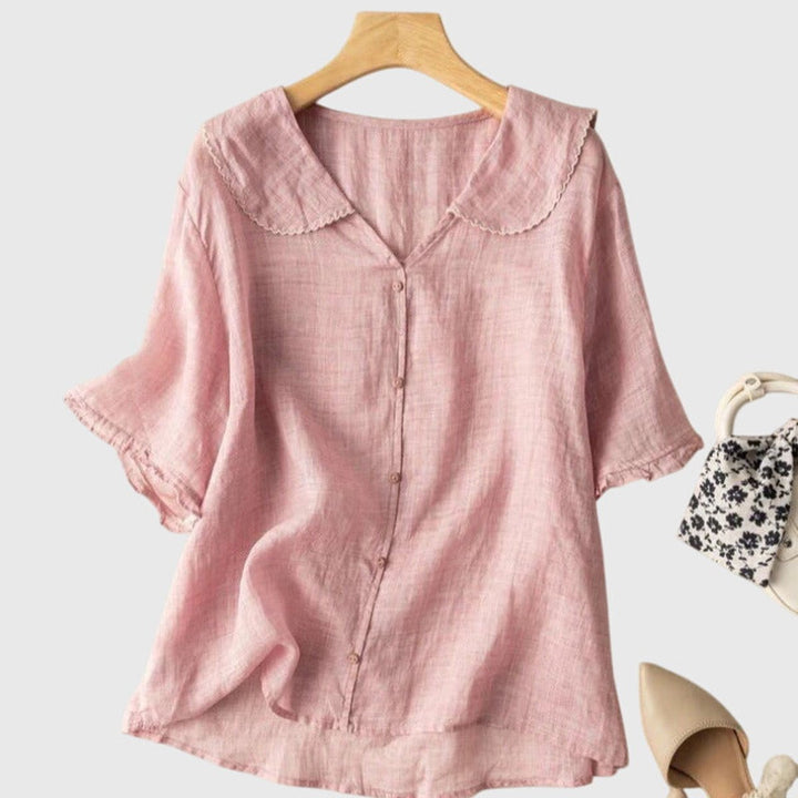 Women's Short-Sleeve Button-Front Peter Pan Collar Linen Blouse
