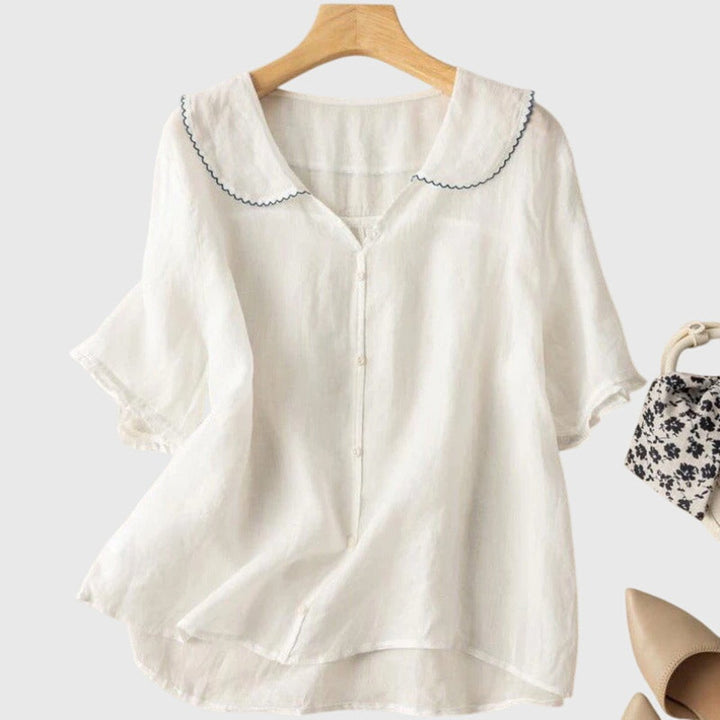 Women's Short-Sleeve Button-Front Peter Pan Collar Linen Blouse