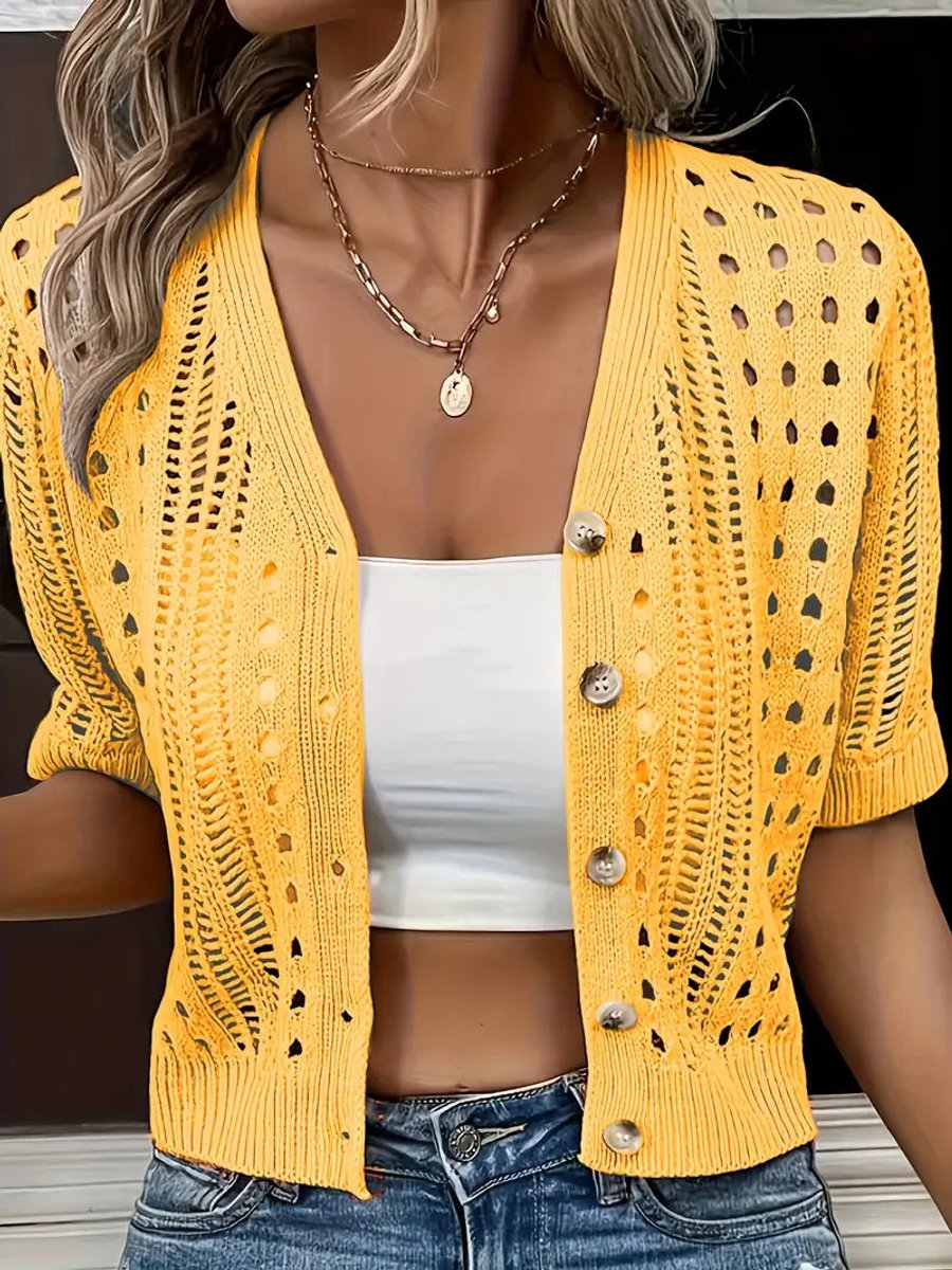 Women's Short Sleeve Hollow-Knit Open-Front Cropped Cardigan