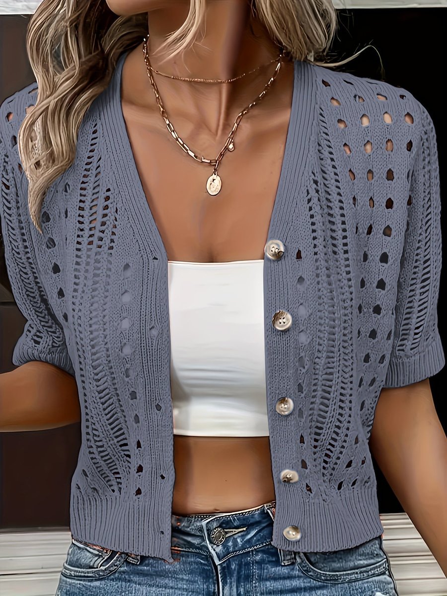 Women's Short Sleeve Hollow-Knit Open-Front Cropped Cardigan