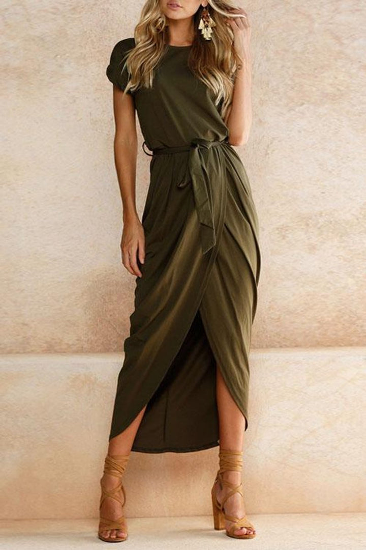 Women's Short Sleeve Tie-Waist Split-Hem Fall Midi Dress