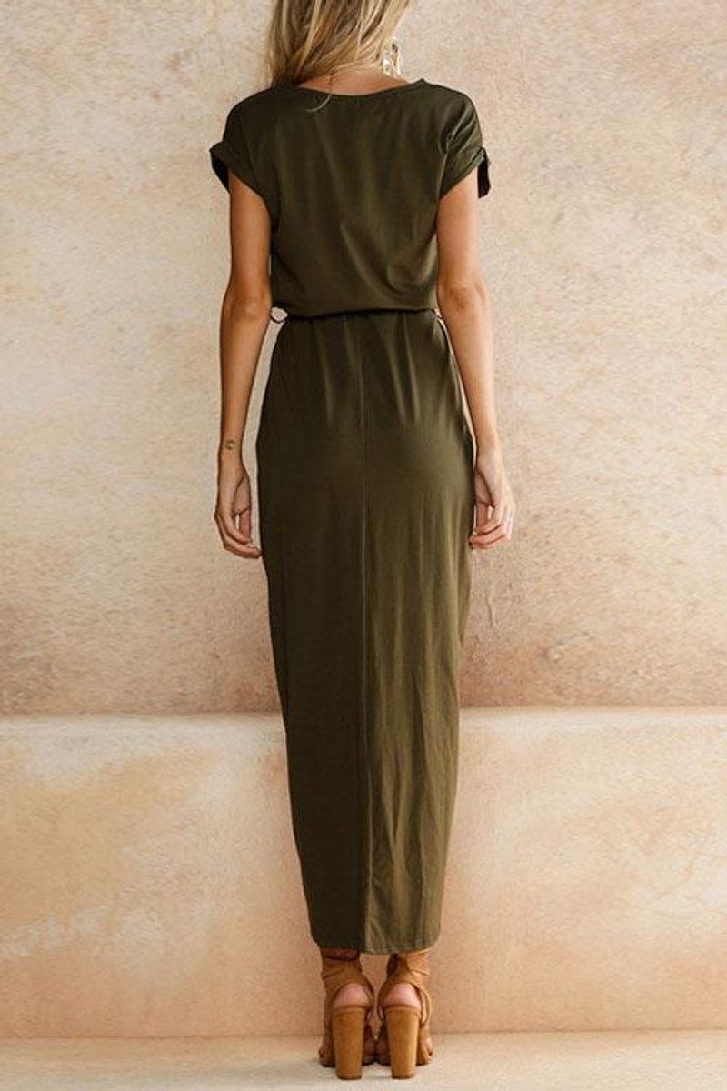 Women's Short Sleeve Tie-Waist Split-Hem Fall Midi Dress