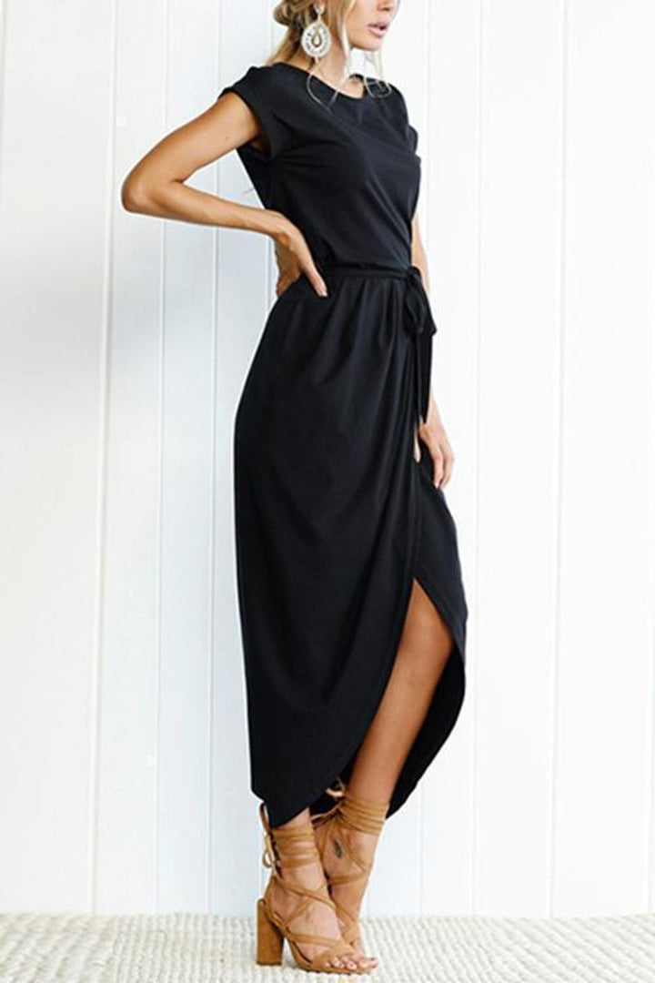 Women's Short Sleeve Tie-Waist Split-Hem Fall Midi Dress