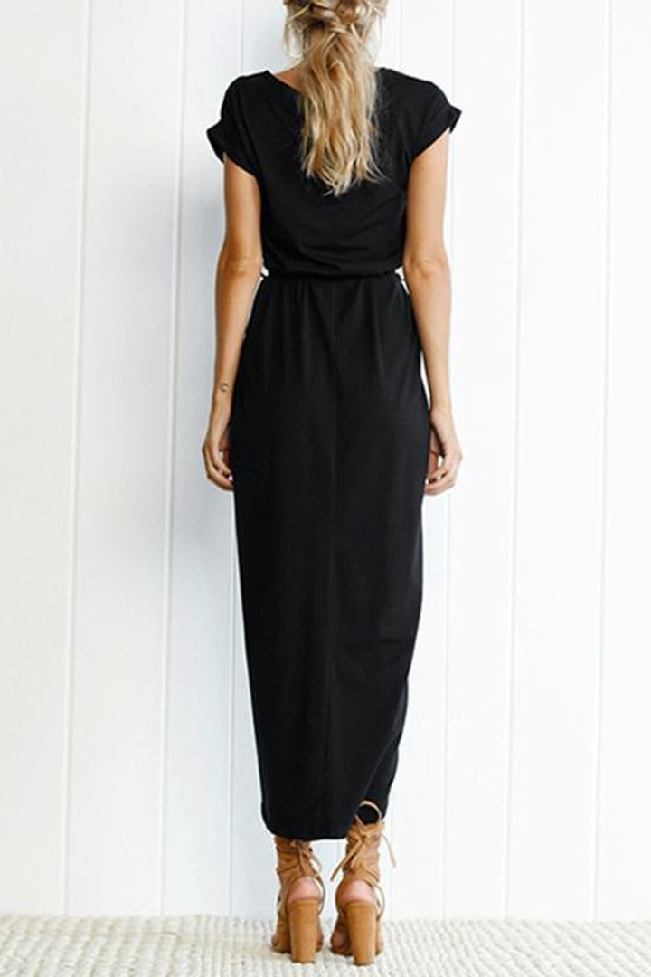 Women's Short Sleeve Tie-Waist Split-Hem Fall Midi Dress