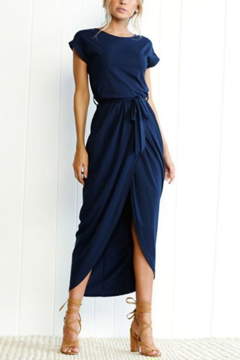 Women's Short Sleeve Tie-Waist Split-Hem Fall Midi Dress