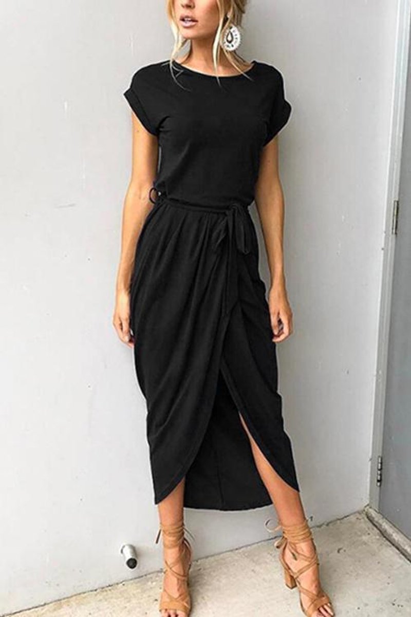 Women's Short Sleeve Tie-Waist Split-Hem Fall Midi Dress