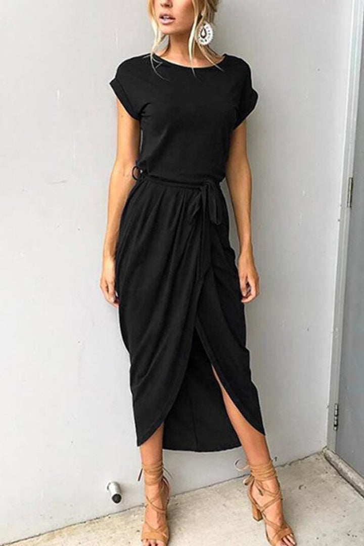 Women's Short Sleeve Tie-Waist Split-Hem Fall Midi Dress