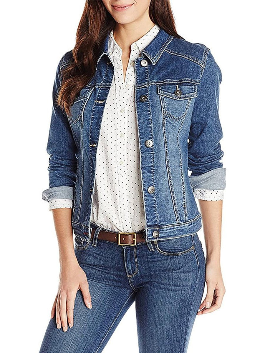 Women's Single-Breasted Light Wash Denim Jacket Flap Pockets