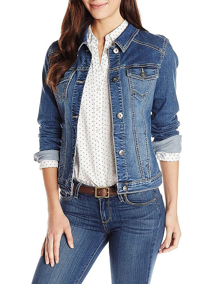 Women's Single-Breasted Light Wash Denim Jacket Flap Pockets