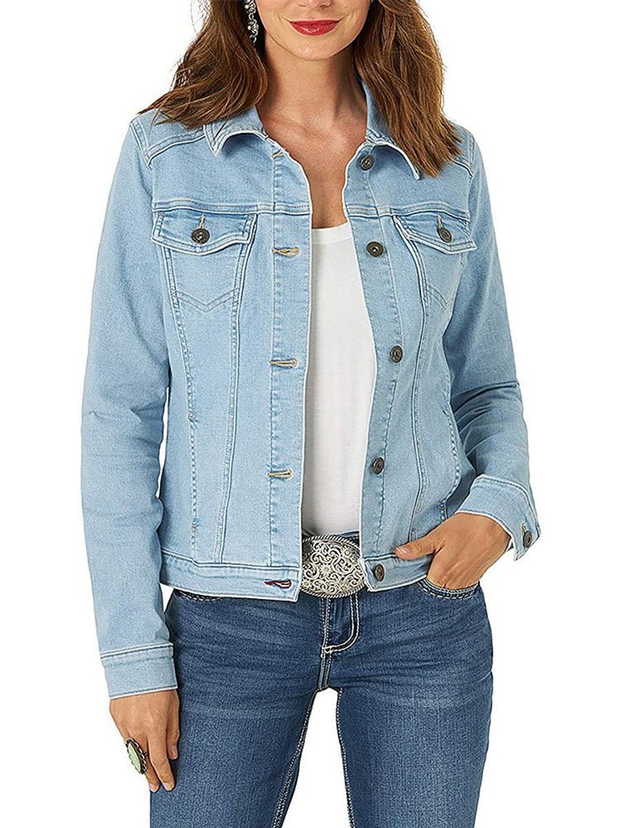 Women's Single-Breasted Light Wash Denim Jacket Flap Pockets