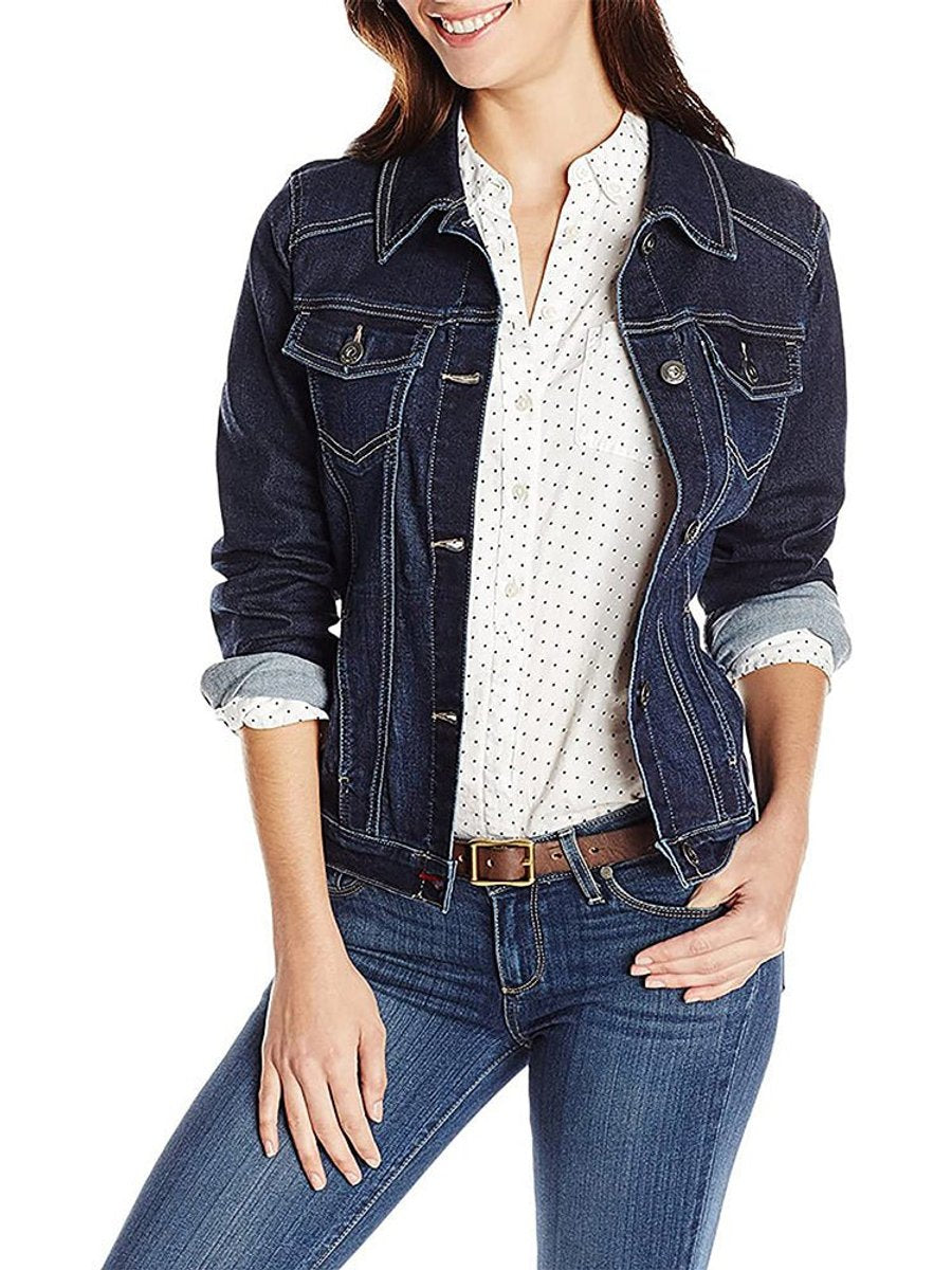 Women's Single-Breasted Light Wash Denim Jacket Flap Pockets