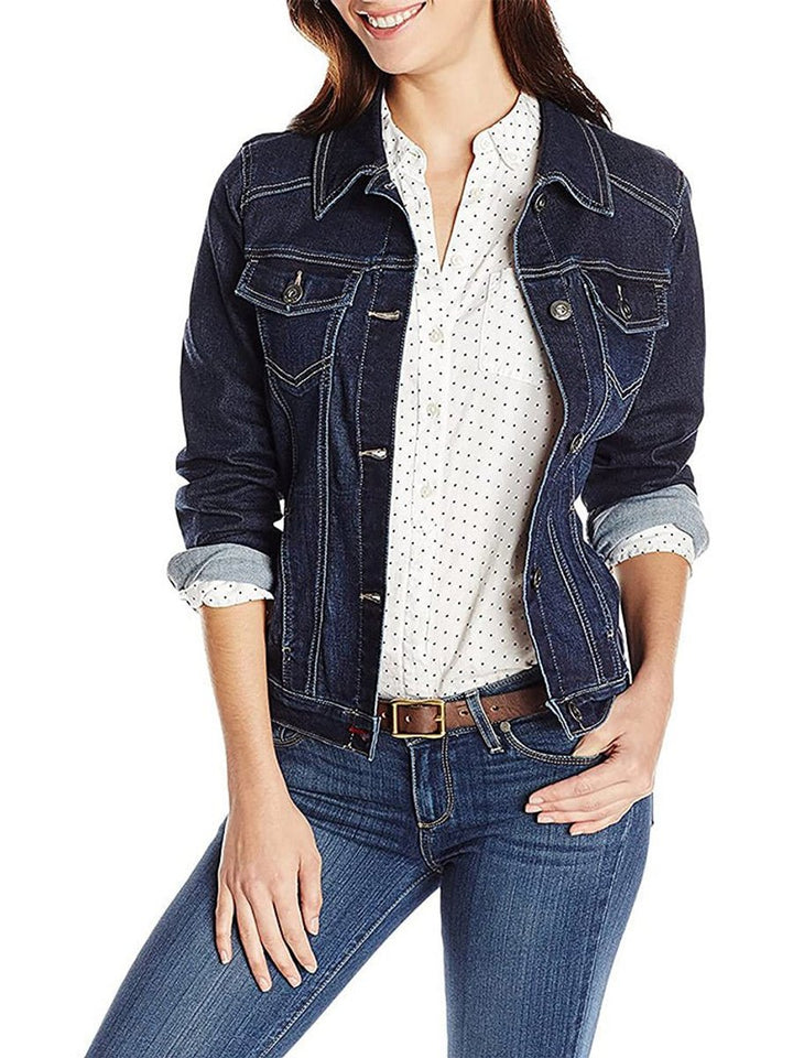 Women's Single-Breasted Light Wash Denim Jacket Flap Pockets