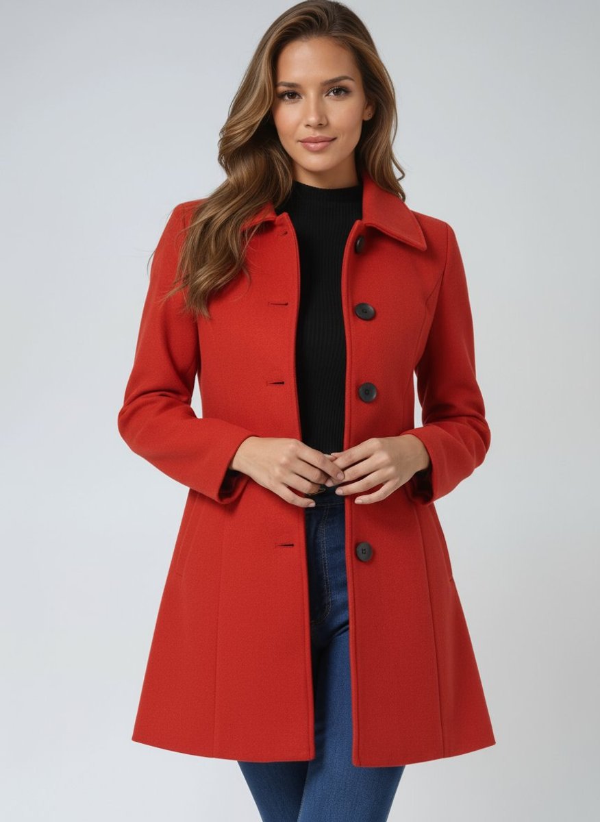 Women's Single-Breasted Structured Midi Trench Coat - Red