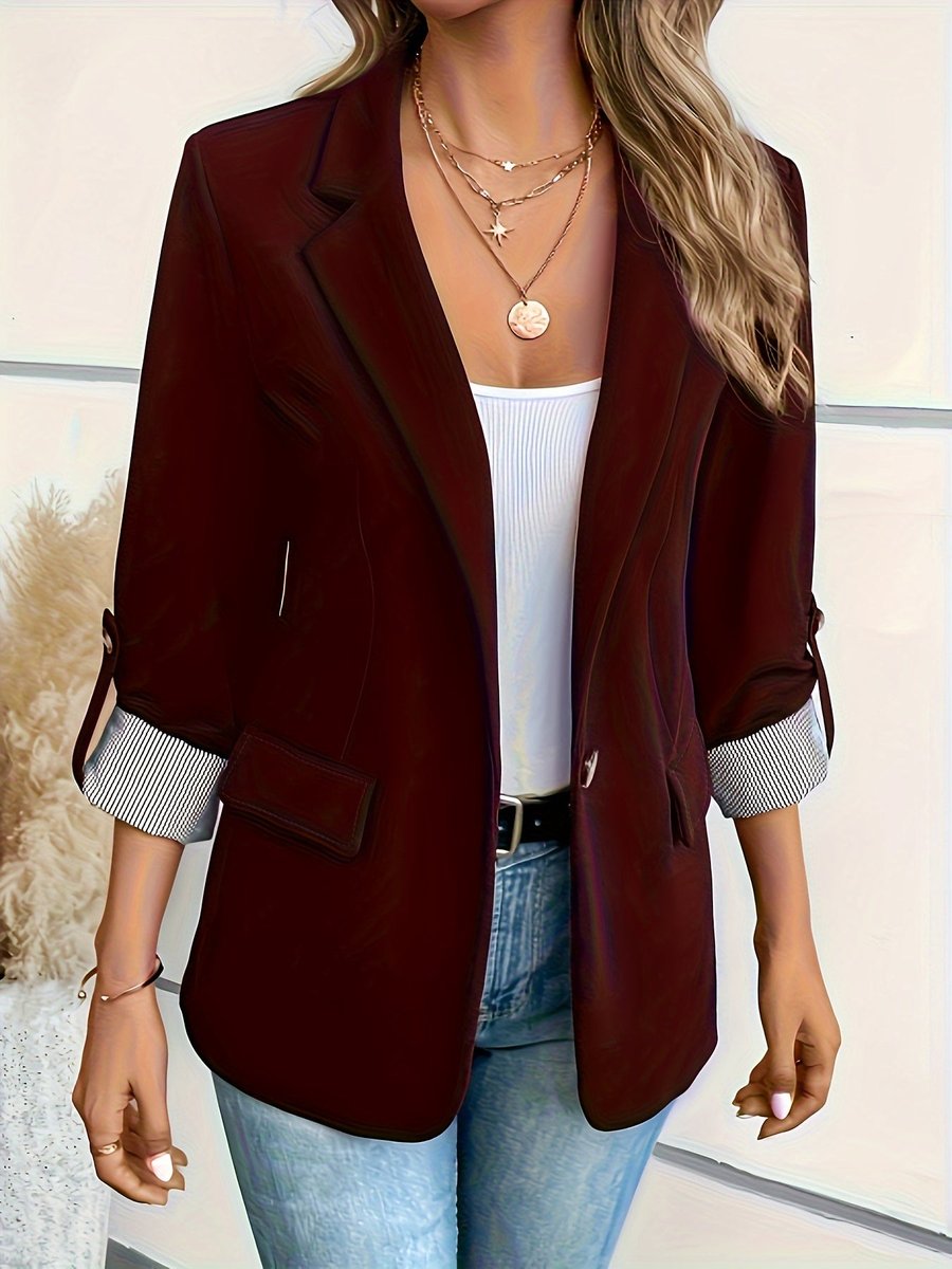 Women's Single-Button Roll-Sleeve Open-Front Blazer