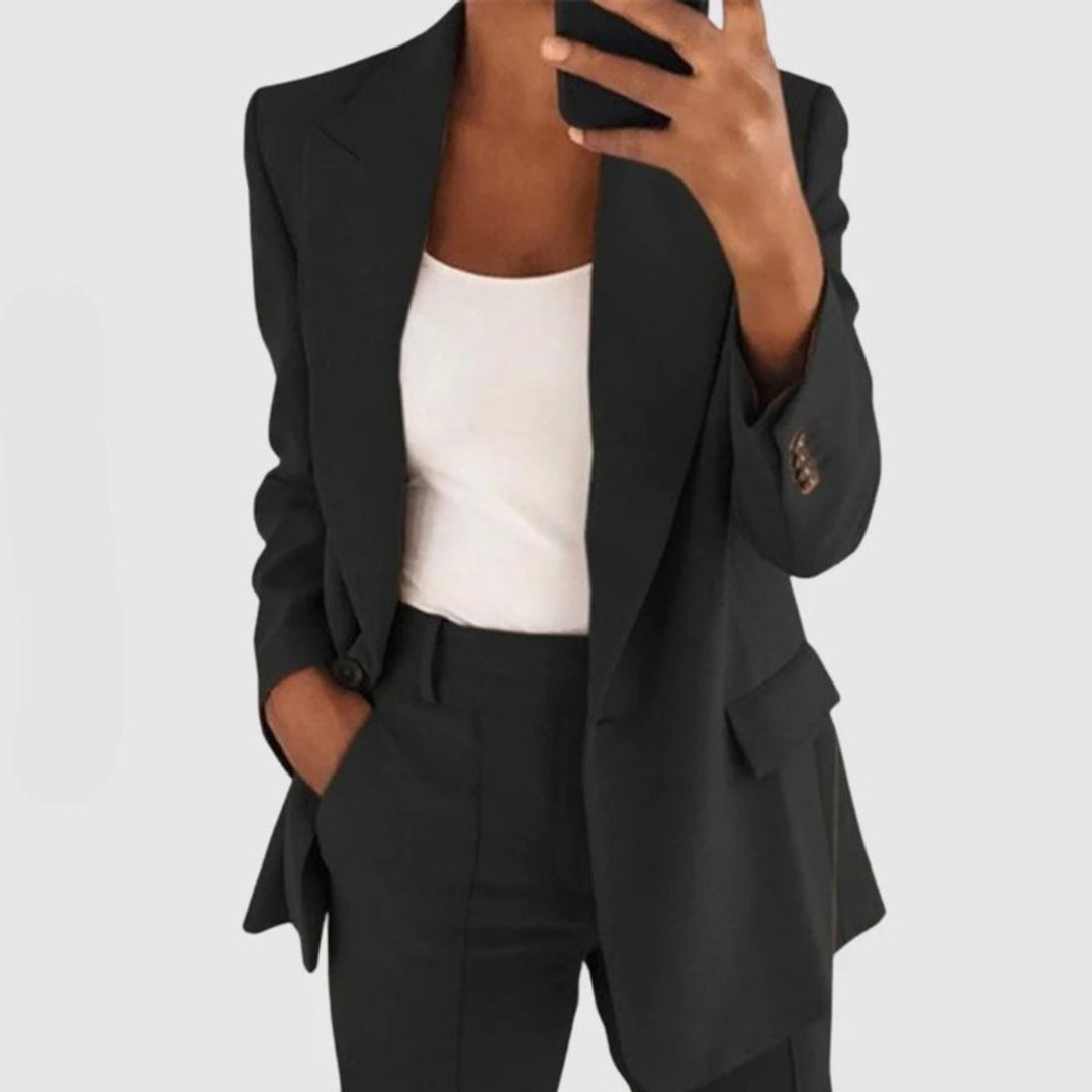 Women's Single-Button Semi-Stretch Slim-Fit Blazer Pants Set