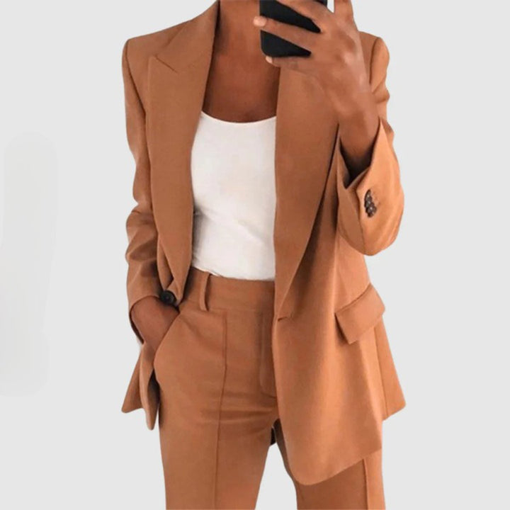 Women's Single-Button Semi-Stretch Slim-Fit Blazer Pants Set