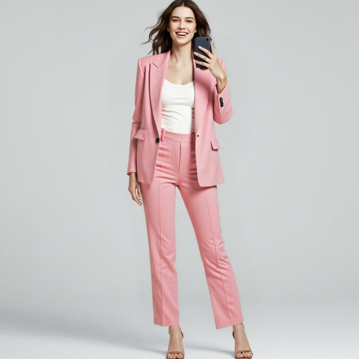 Women's Single-Button Semi-Stretch Slim-Fit Blazer Pants Set
